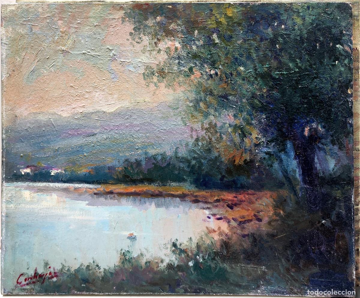 Arte: &Oacute;leo sobre lienzo. Paisaje lacustre. Comborja. 46x38 cm