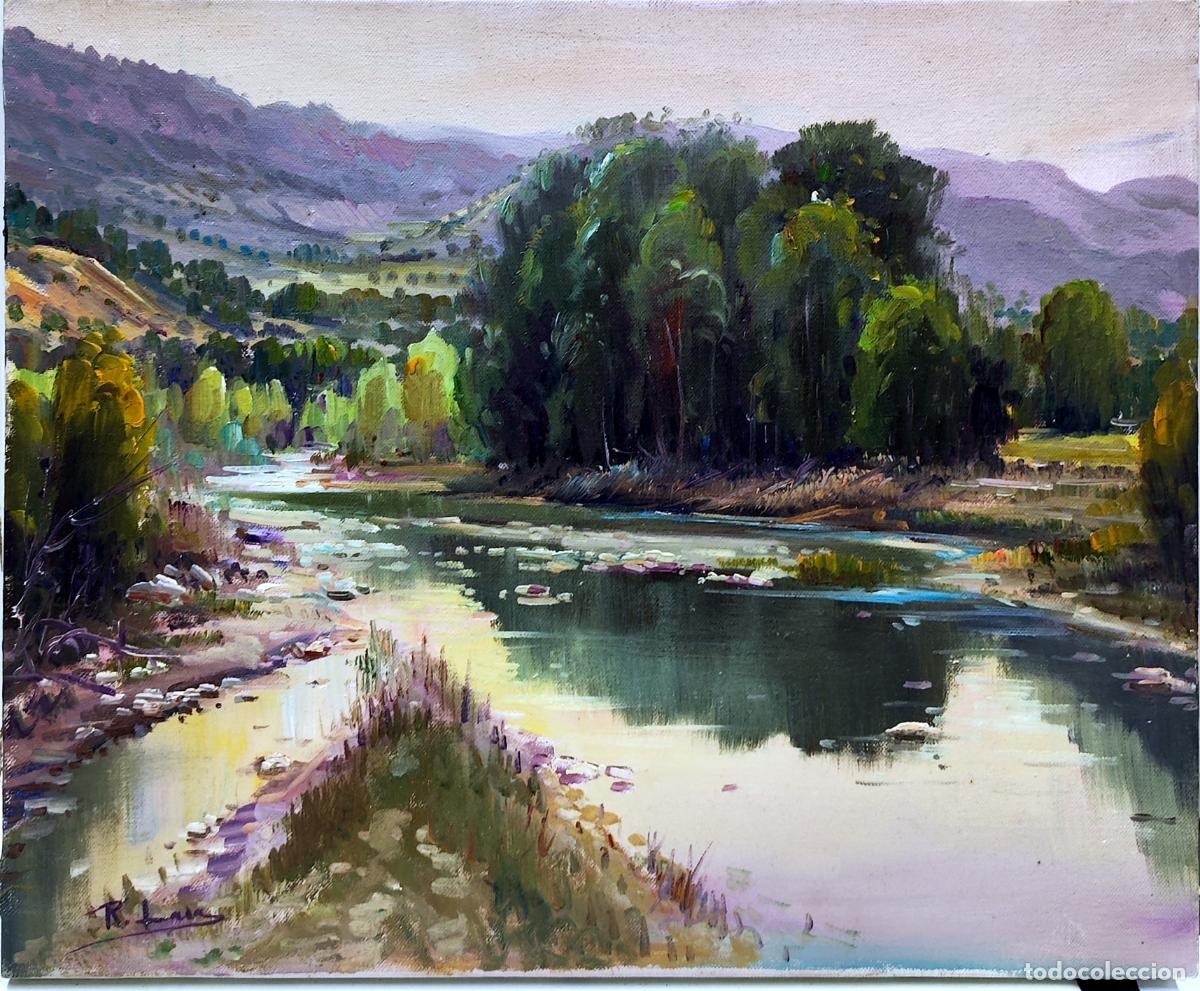 Arte: &Oacute;leo sobre lienzo. Paisaje fluvial. Rafael Lara. 46 x 38 cm