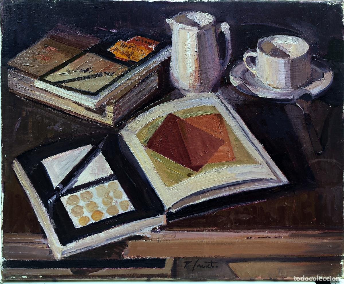 Arte: &Oacute;leo sobre lienzo de Pep Canet. Naturaleza muerta con libros y taza. 46x38 cm