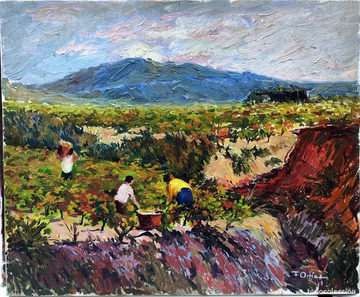 Arte: &Oacute;leo sobre lienzo. Paisaje con vendimia. Firmado F Ortiz. 46 x 38 cm