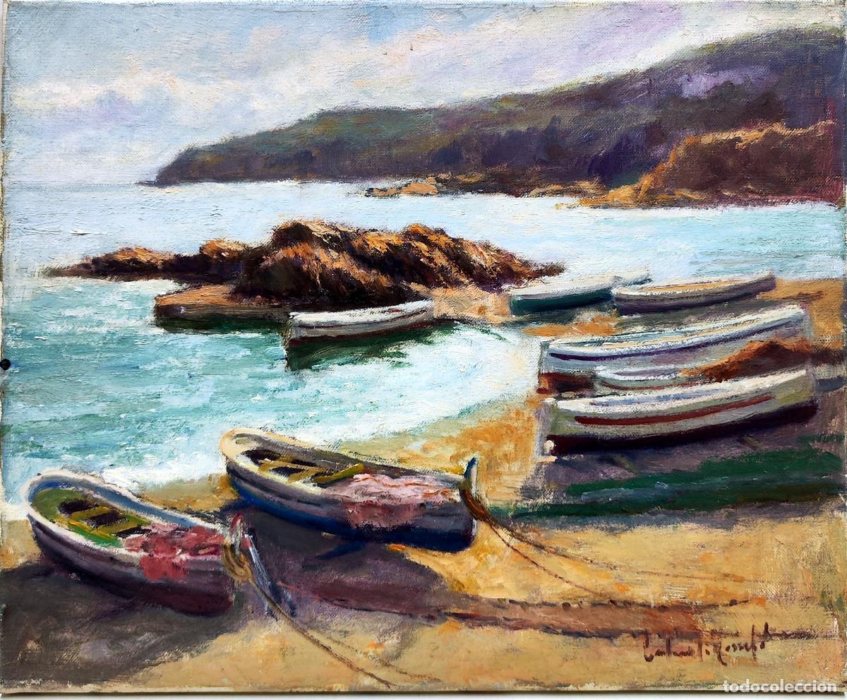 Arte: &Oacute;leo lienzo. Paisaje marino con barcas. Francesc Carbonell Massab&eacute;. 46x38