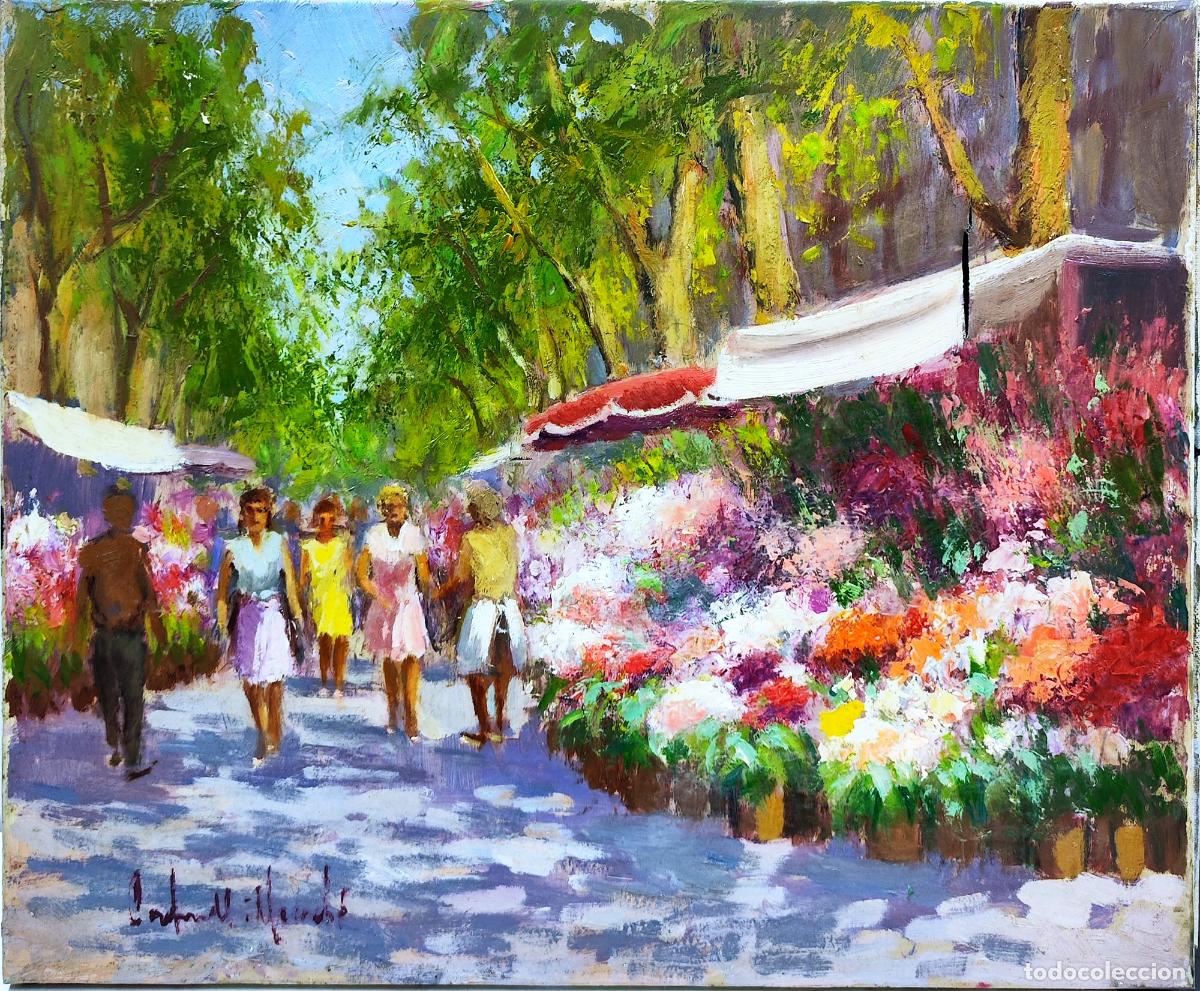 Arte: &Oacute;leo de Francesc Carbonell Massab&eacute;. Paseo en mercado floral. 46x38 cm