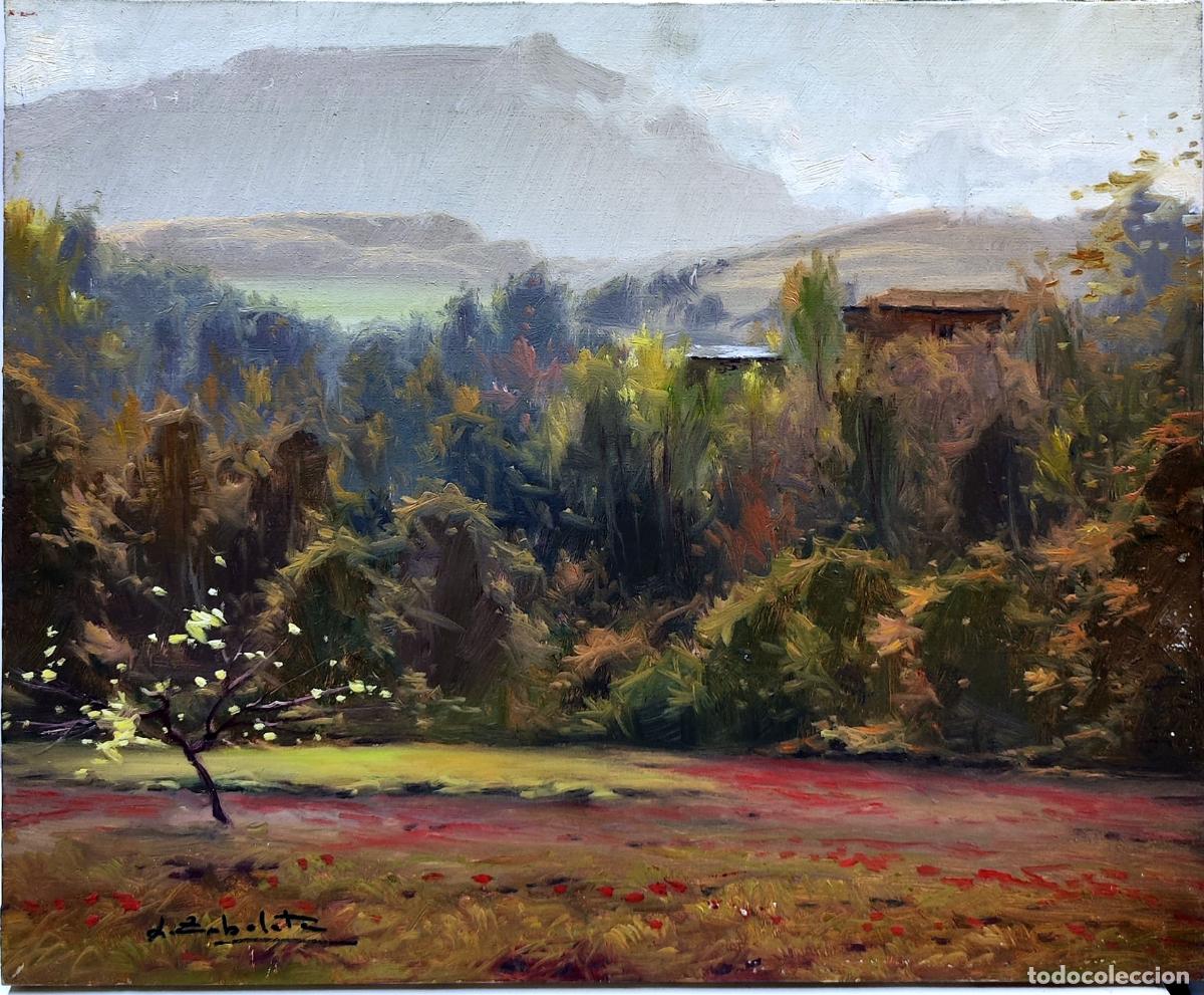 Arte: &Oacute;leo sobre lienzo. Paisaje rural. L Zabaleta. 46 x 38 cm