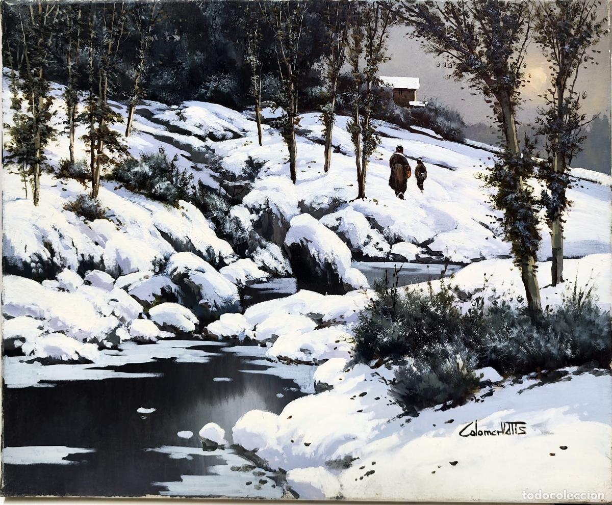Kunst: &Oacute;leo sobre lienzo. Paisaje invernal. Firmado Colomer Valls. 46 x 38 cm