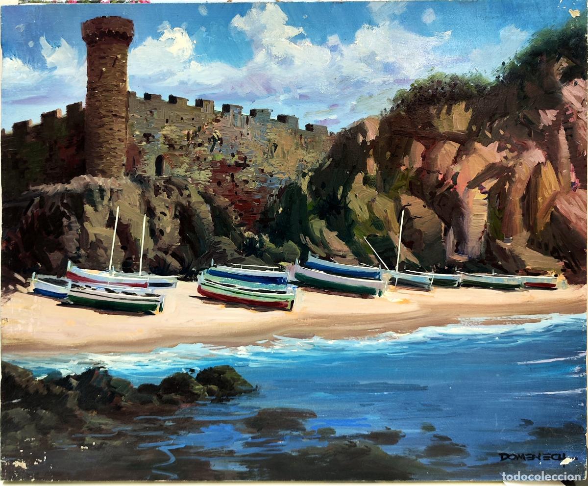 Kunst: &Oacute;leo sobre lienzo. Paisaje mar&iacute;timo y castillo. Domenech. 46 x 38 cm