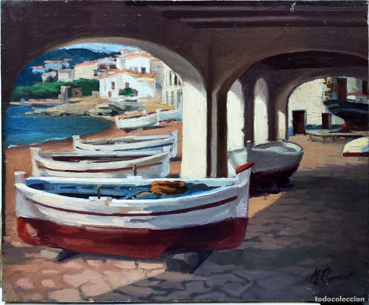 Kunst: &Oacute;leo de M Romero. Barcos en puerto mediterr&aacute;neo. 46 x 38 cm