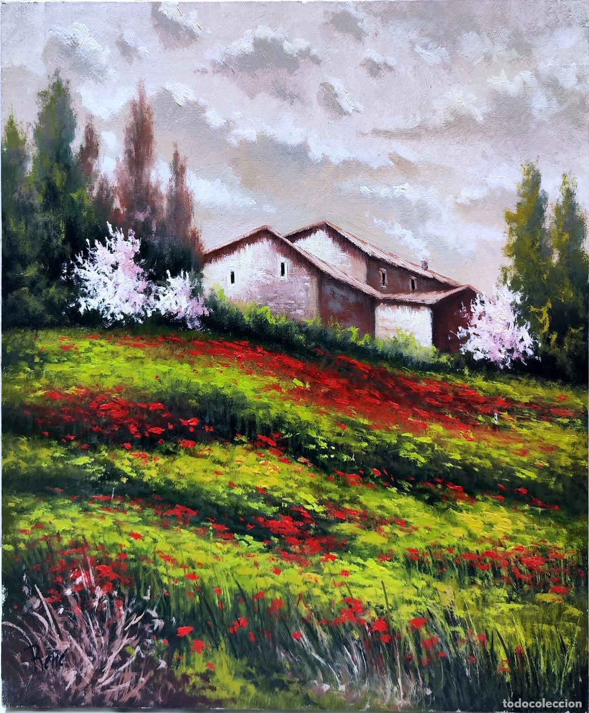 Art: &Oacute;leo sobre lienzo. Paisaje rural con amapolas. Autor: Re&ntilde;e. 38x46 cm
