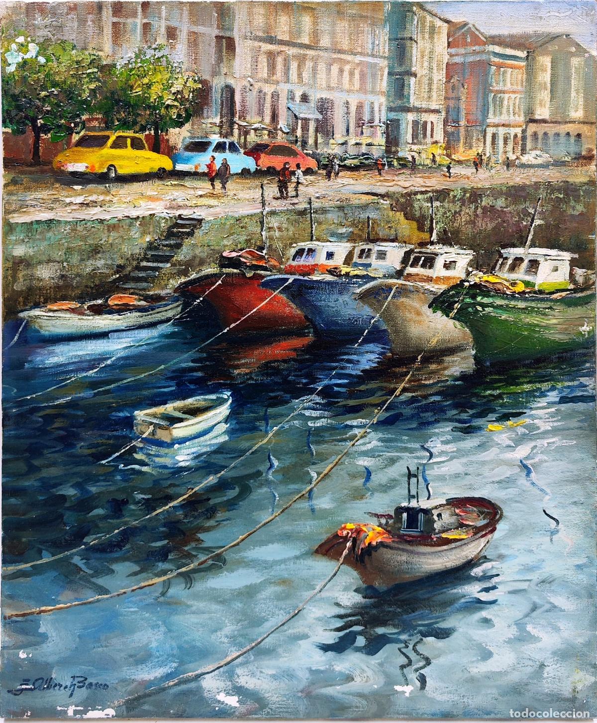 Art: &Oacute;leo de Emili Alberch Basso. Puerto con barcas y coches. 38x46