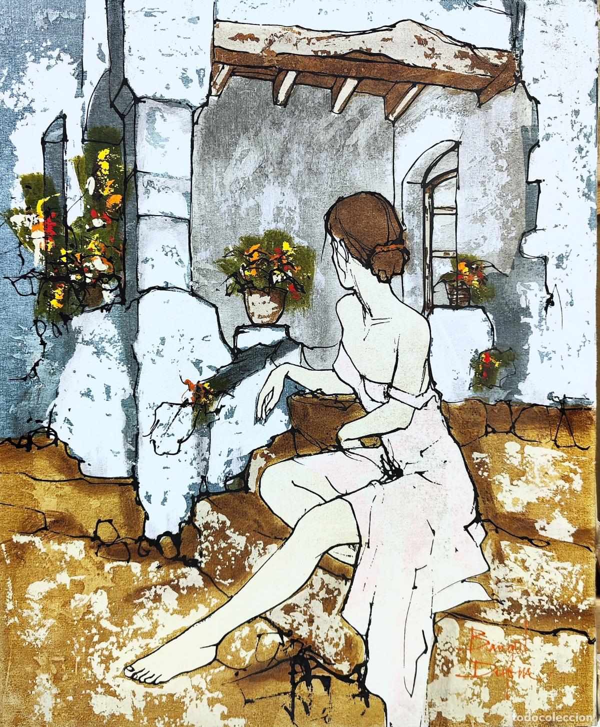 Art: &Oacute;leo de Bernard Dufour. Mujer sentada en terraza. 38x46 cm