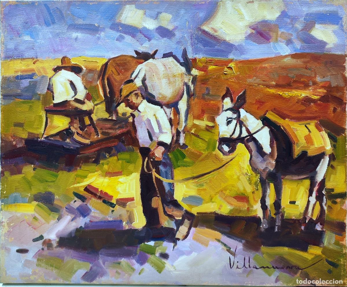 Art: &Oacute;leo sobre lienzo. Paisaje rural con figuras y animales. Firmado Villanueva