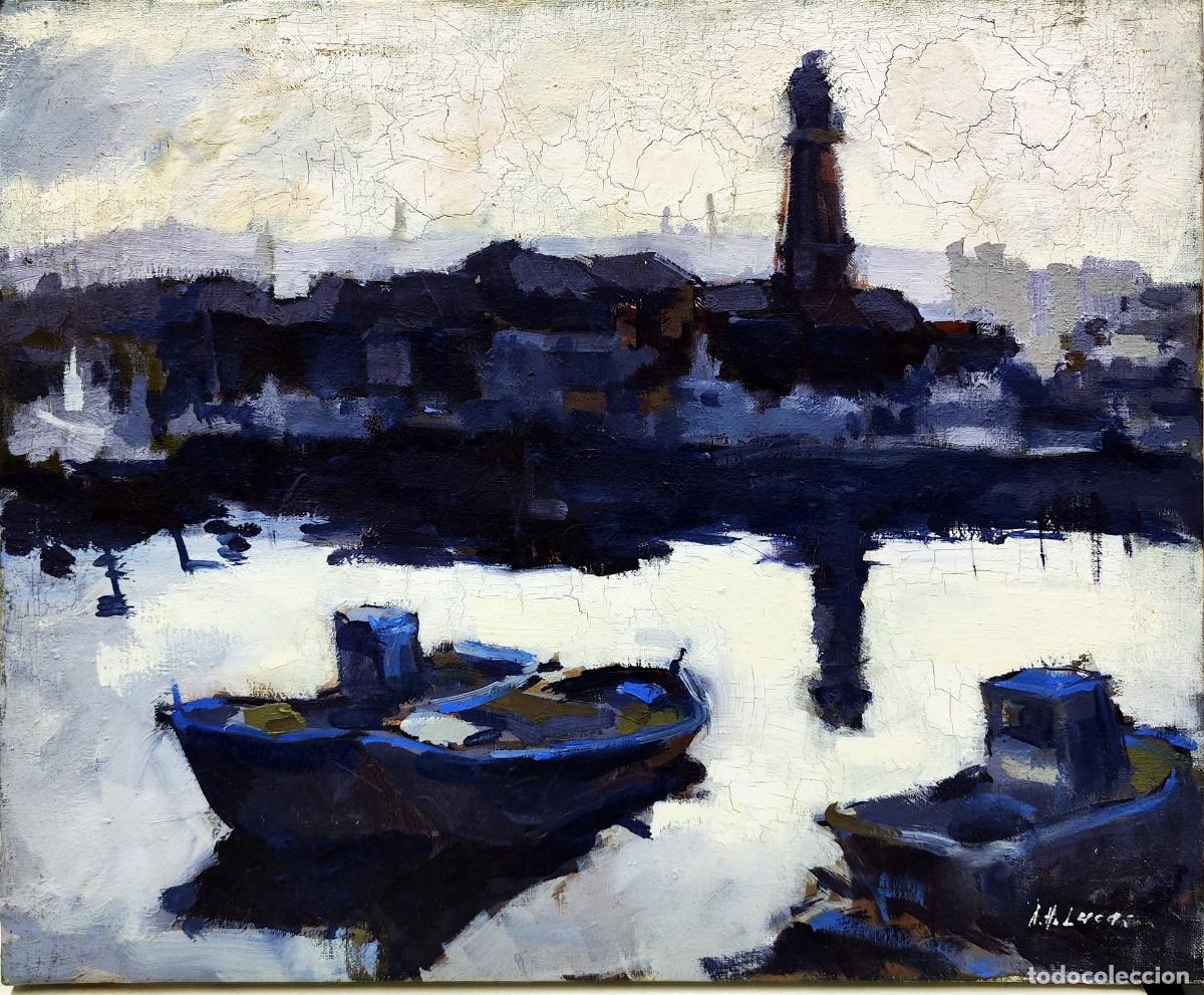 Art: &Oacute;leo sobre lienzo de A H Lucas. Paisaje mar&iacute;timo con embarcaciones. 46 x 38 cm