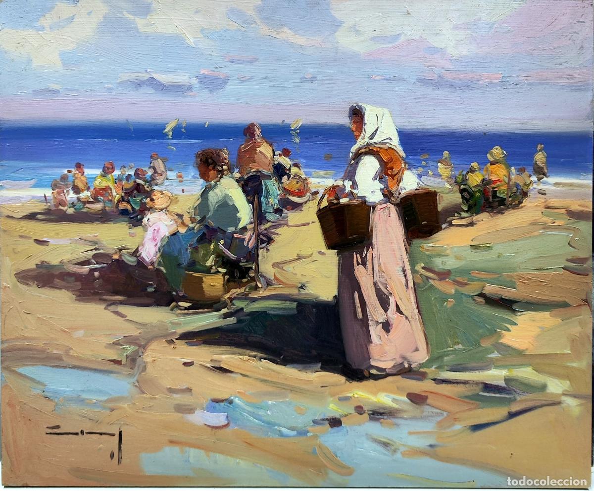 Art: &Oacute;leo de Gabriel Casarrubios. Playa con figuras. 46 x 38 cm