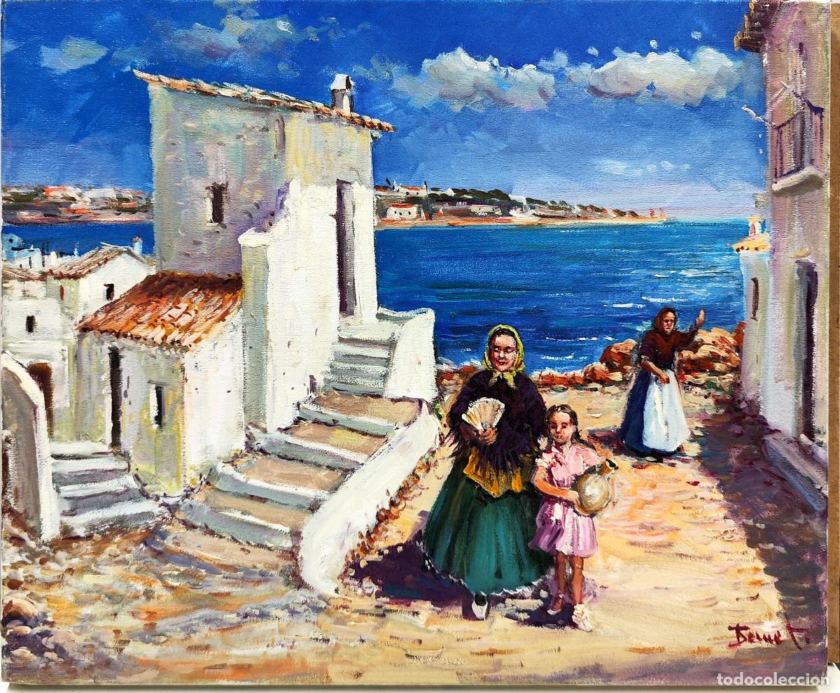 Art: &Oacute;leo lienzo. Calle mediterr&aacute;nea con figuras. Bernet. 46x38 cm