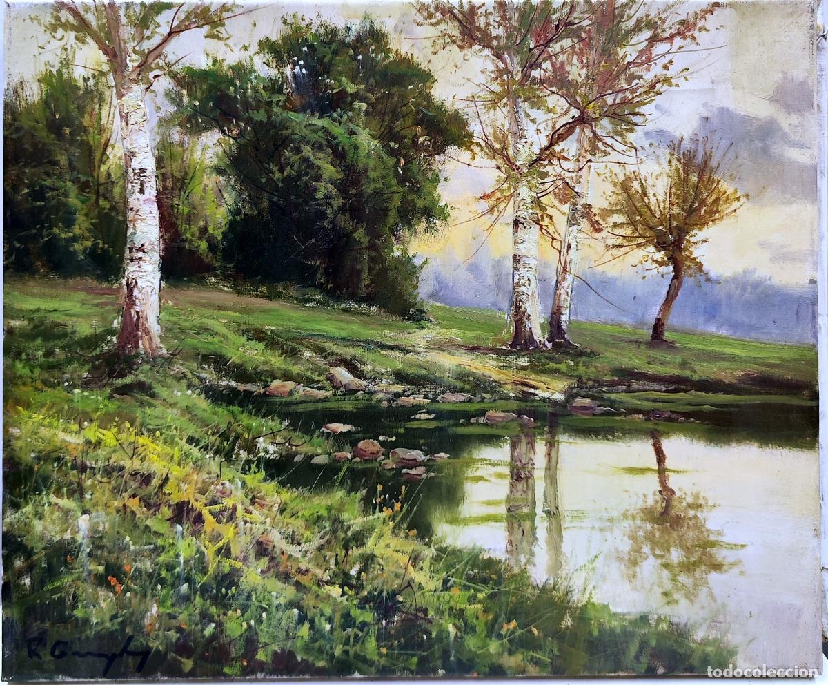 Art: &Oacute;leo Escuela Olotina. Paisaje con abedules y r&iacute;o. 46x38 cm