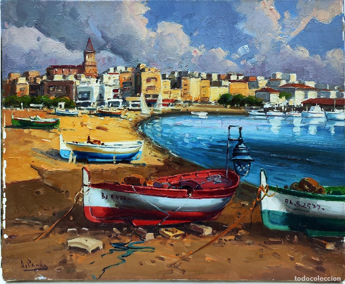 Art: &Oacute;leo de Agust&iacute;n Pardo. Barcos en la playa. 46 x 38 cm