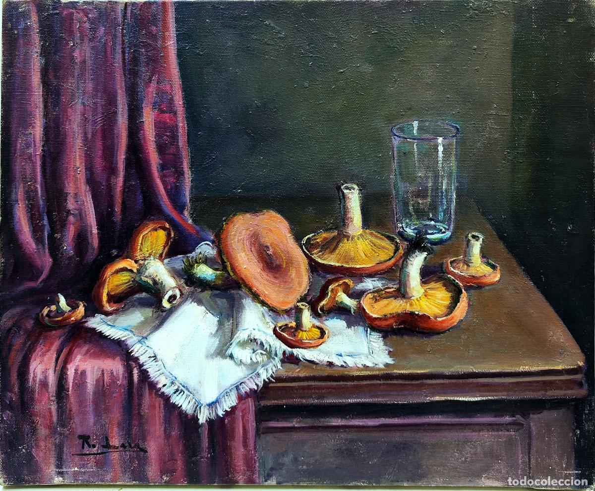 Art: &Oacute;leo sobre lienzo. Naturaleza muerta con setas. Rafael Lara. 46x38 cm