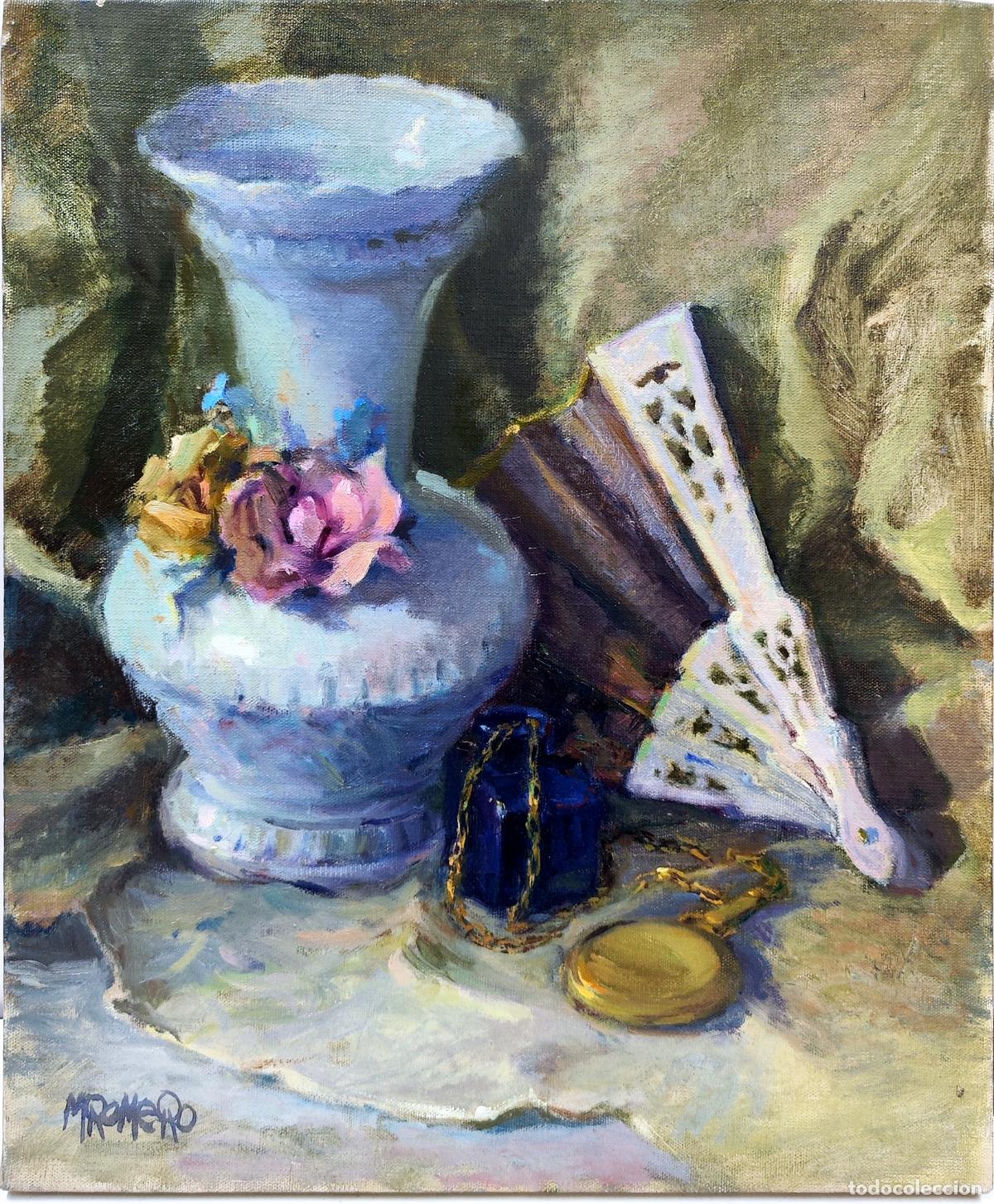 Art: &Oacute;leo de M Romero. Naturaleza muerta con abanico y jarr&oacute;n. 38 x 46 cm