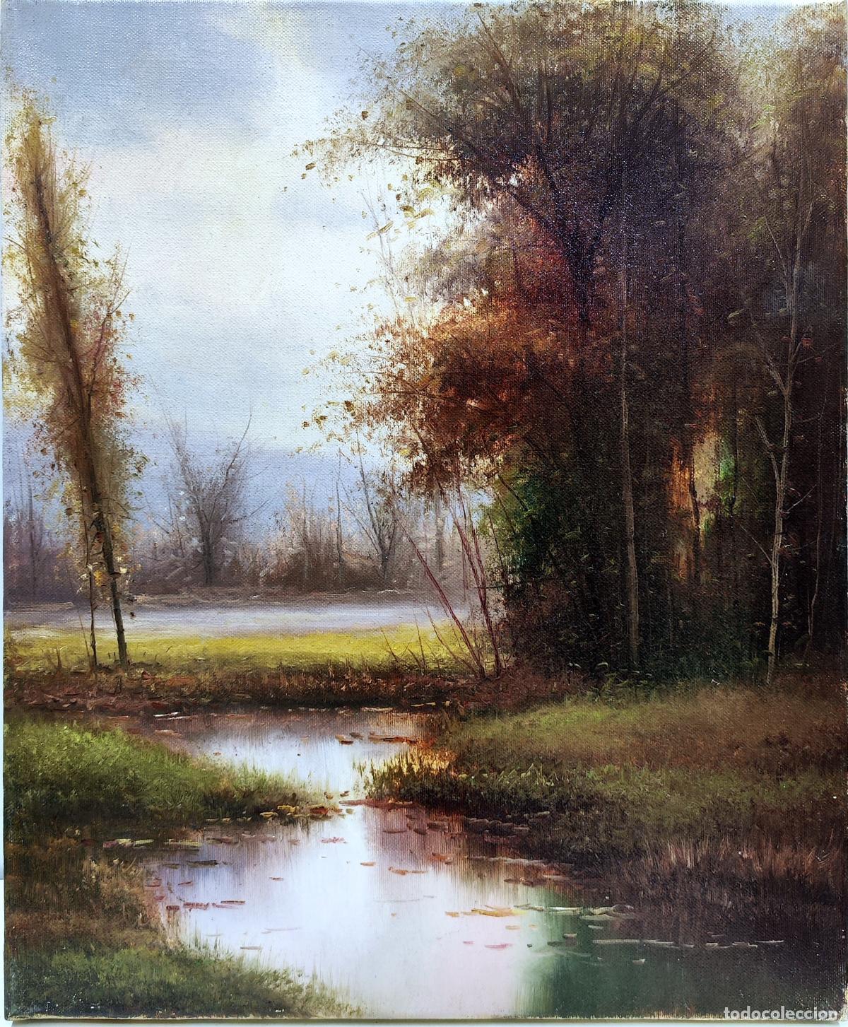 Art: &Oacute;leo sobre lienzo. Paisaje fluvial. Atribuido a D&iacute;az de Cereo. 38x46 cm