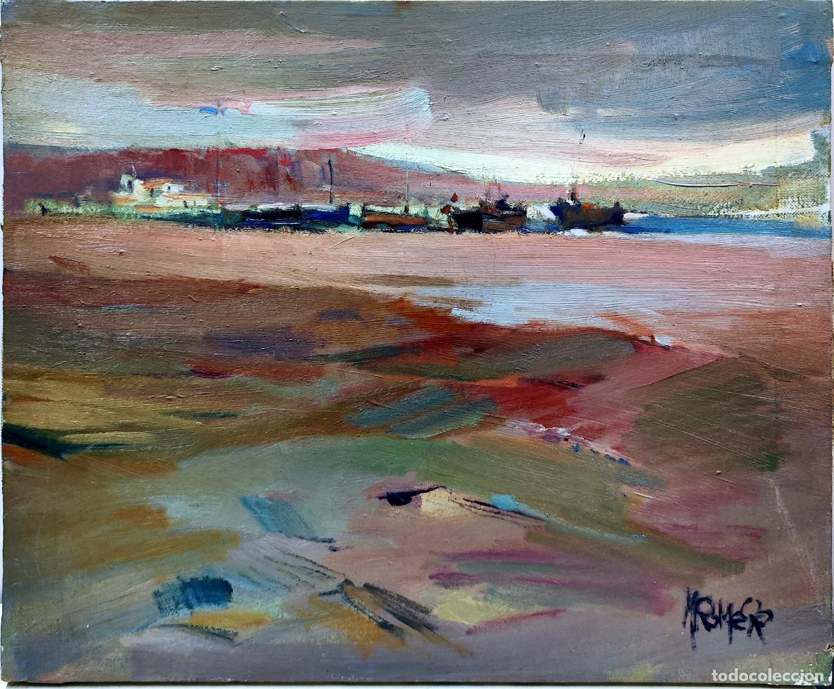Arte: &Oacute;leo sobre lienzo. Paisaje marino. M Romero. 46x38 cm