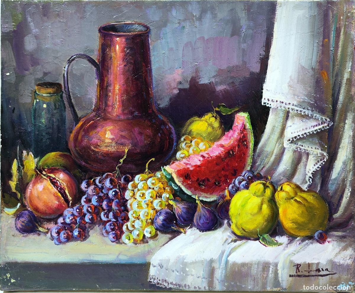 Arte: &Oacute;leo sobre lienzo. Naturaleza muerta de frutas. Rafael Lara. 46 x 38 cm