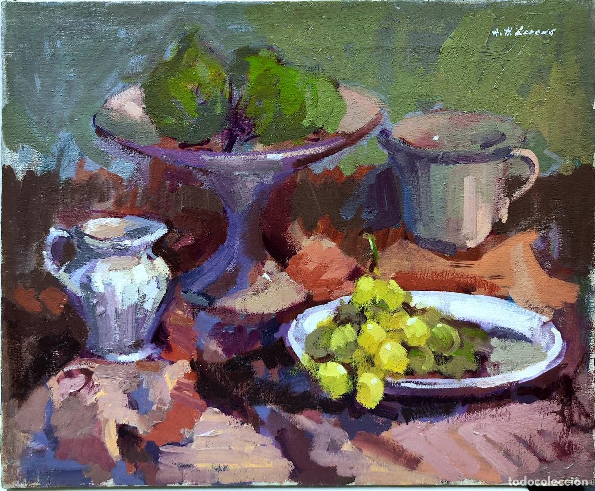 Arte: &Oacute;leo de A.H. Lucas. Bodeg&oacute;n con uvas y jarras. 46x38 cm