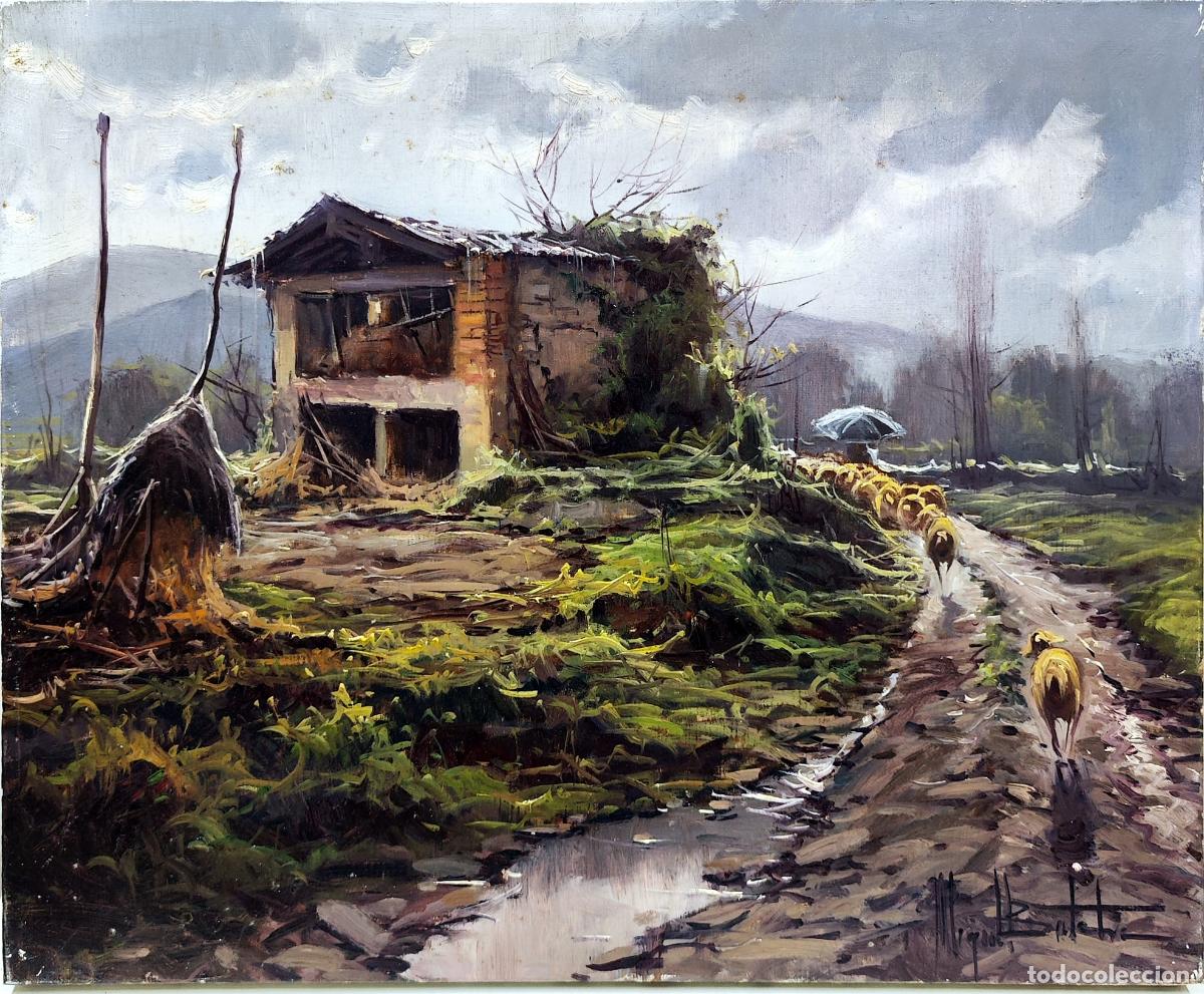 Arte: &Oacute;leo de Miguel Bretcha. Paisaje rural con reba&ntilde;o. 46x38 cm