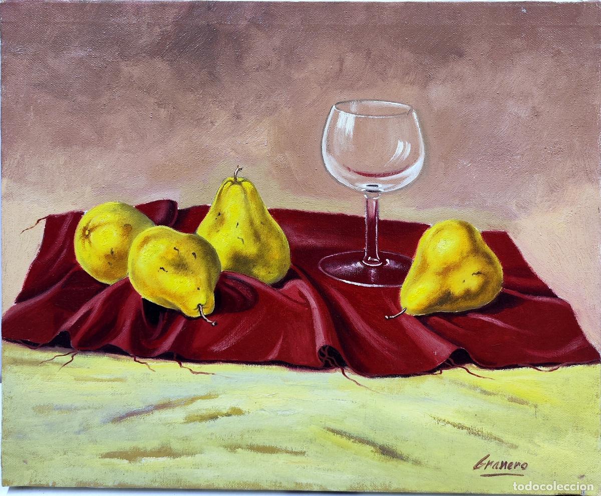 Arte: &Oacute;leo sobre lienzo. Naturaleza muerta con peras y copa. Granero. 46x38