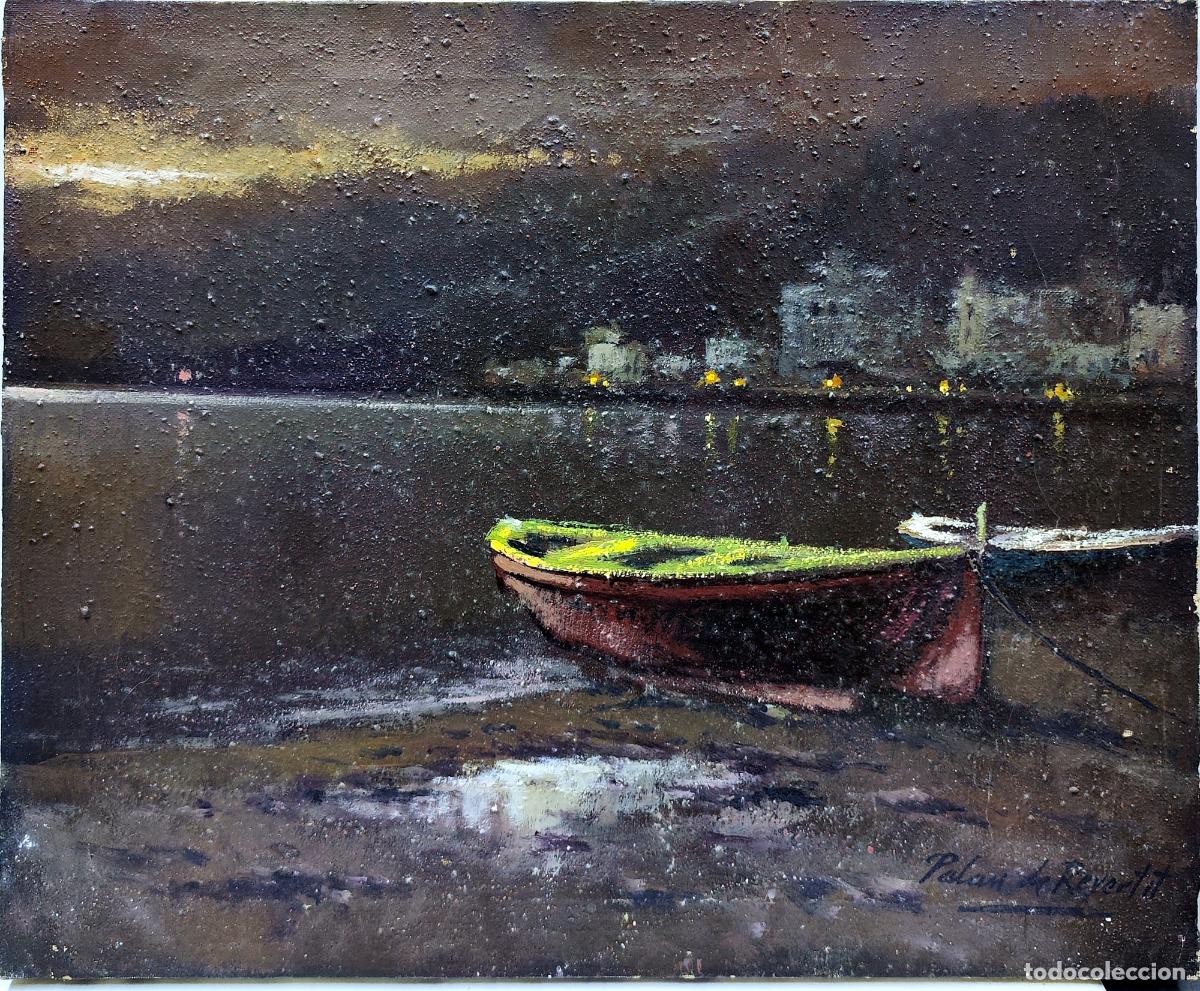 Arte: &Oacute;leo sobre lienzo. Paisaje marino. Palau de Revertit. 46 x 38 cm