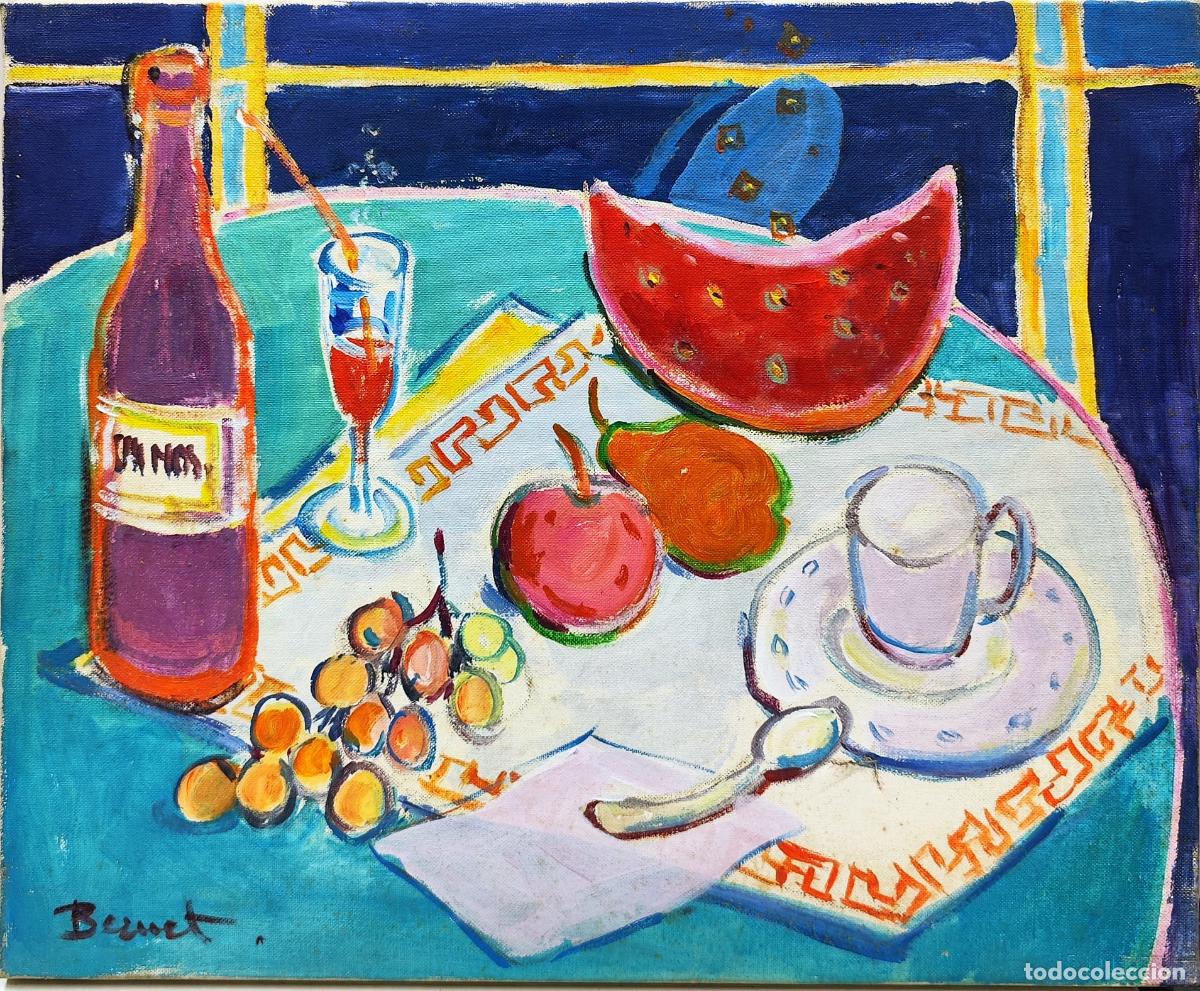 Arte: Bernet. Naturaleza muerta con frutas y botella. &Oacute;leo sobre lienzo. 46x38 cm