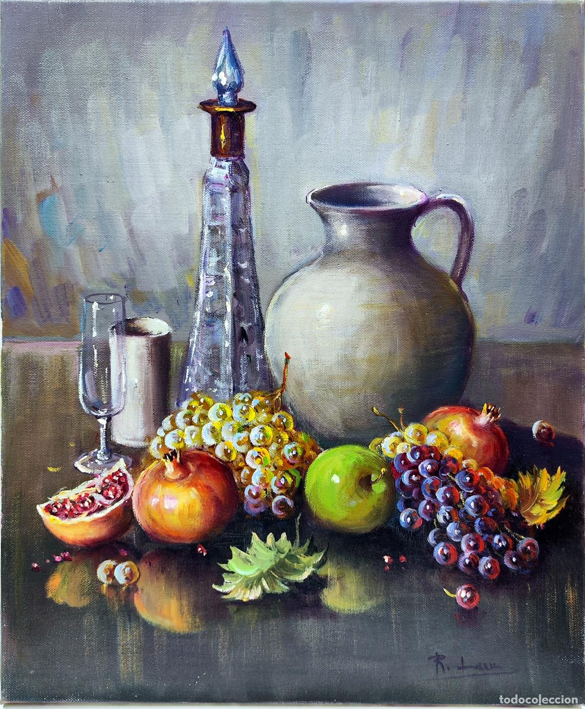 Arte: &Oacute;leo sobre lienzo. Naturaleza muerta con frutas. Rafael Lara. 38x46 cm