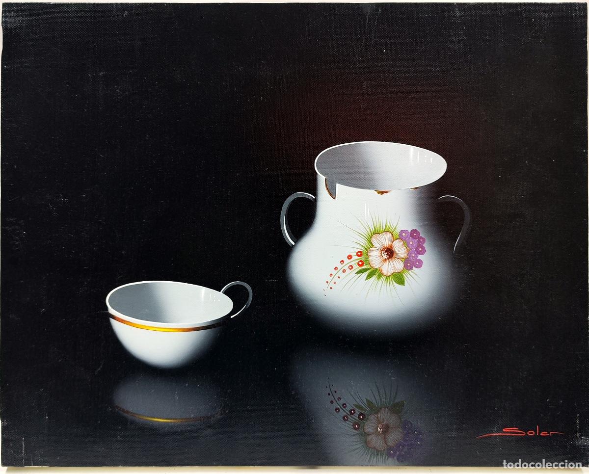 Arte: &Oacute;leo de Soler. Naturaleza muerta con jarra y taza. Lienzo 41x33 cm