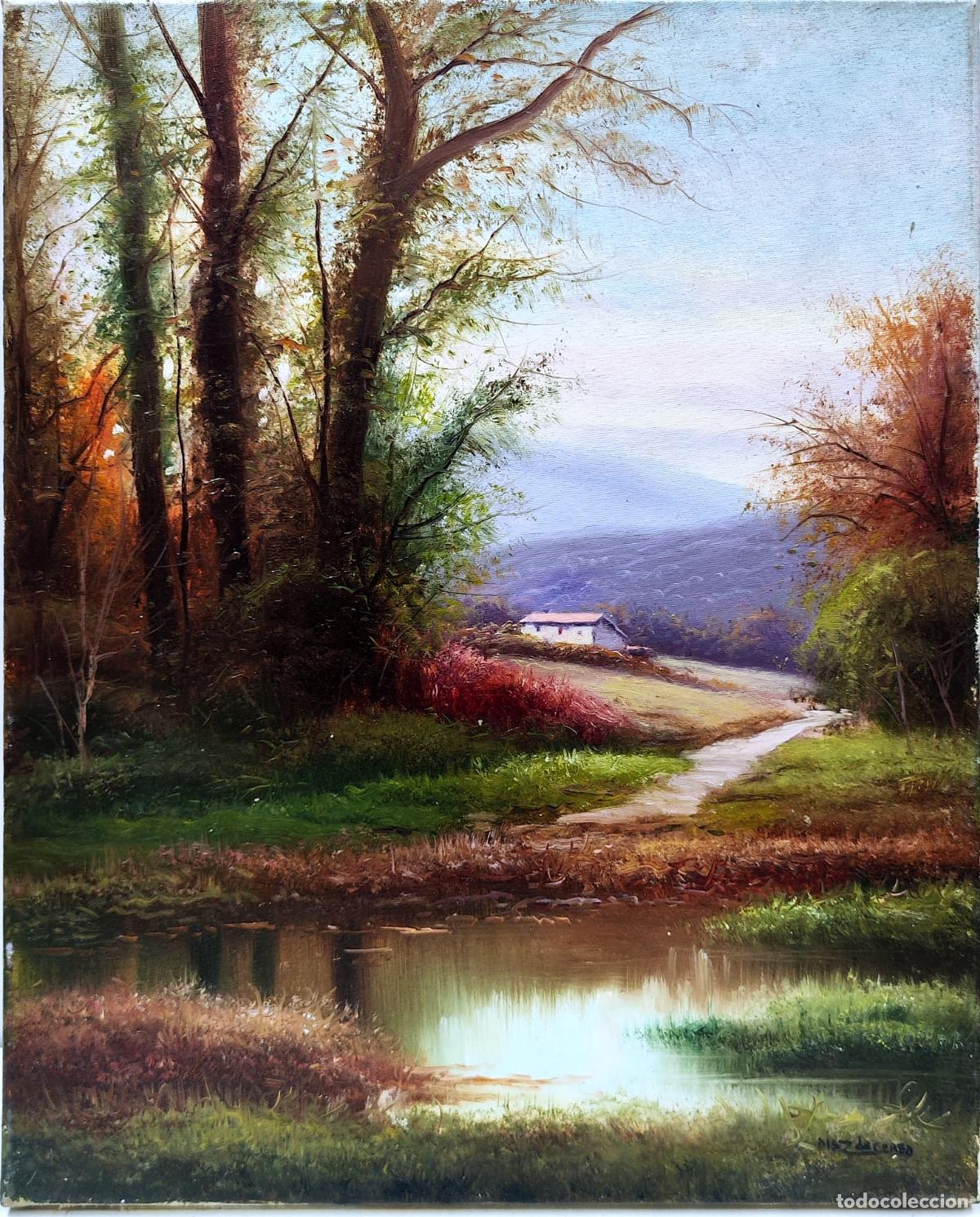 Arte: &Oacute;leo sobre lienzo. Paisaje campestre. Firmado D&iacute;az de Cereo. 33 x 41 cm