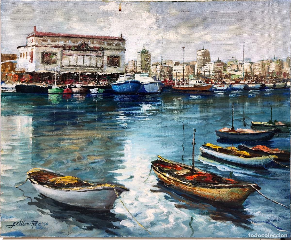 Arte: &Oacute;leo de Emili Alberch Basso. Puerto con barcas. 46x38 cm