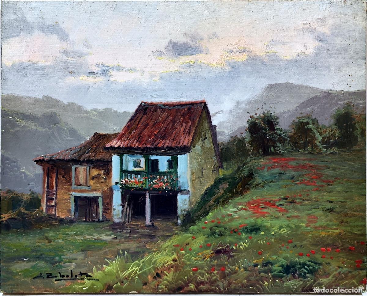 Arte: &Oacute;leo sobre lienzo. Paisaje rural con caser&iacute;a. L Zabaleta. 41x33 cm