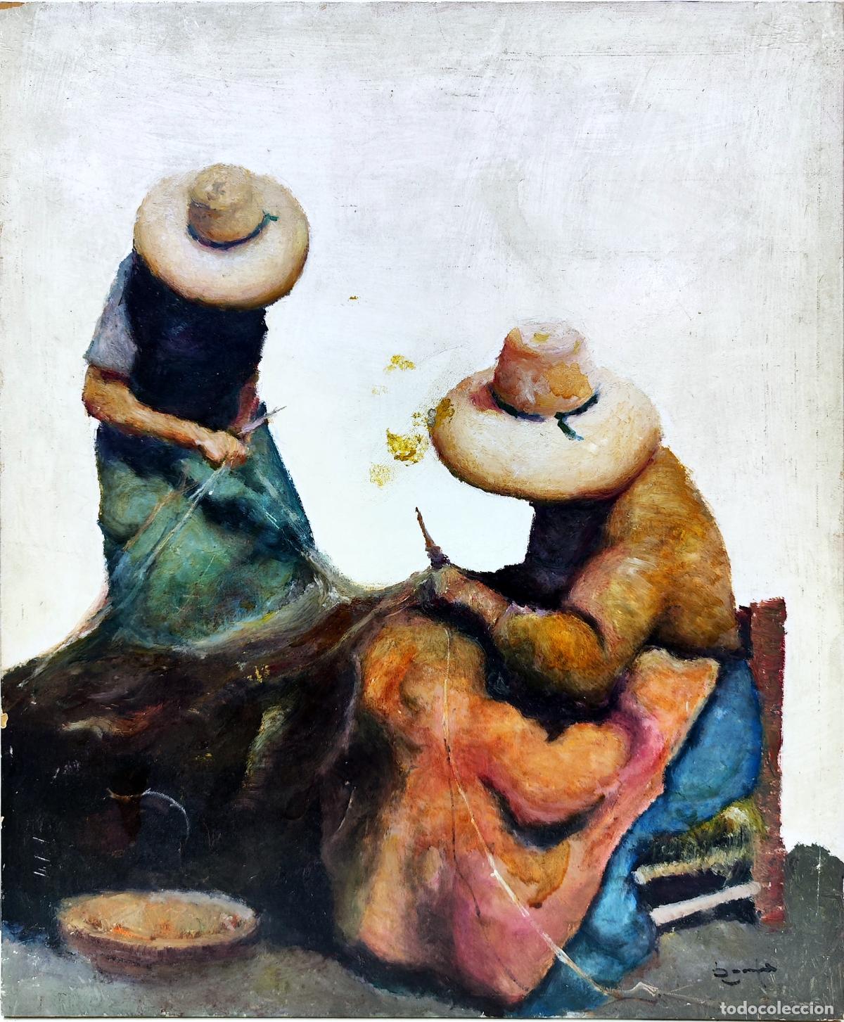 Arte: &Oacute;leo sobre tabla de Ram&oacute;n Poveda. Dos mujeres con sombrero. 38x46 cm