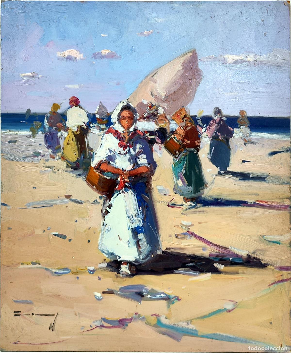 Arte: &Oacute;leo sobre tabla. Playa con figuras. Gabriel Casarrubios. 38x46 cm