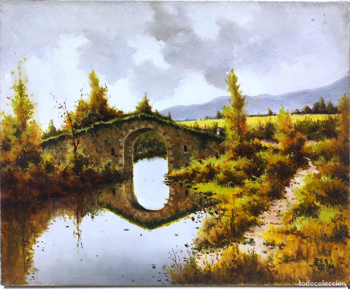 Arte: &Oacute;leo sobre lienzo. Paisaje con puente. Felipe Sau. 46 x 38 cm