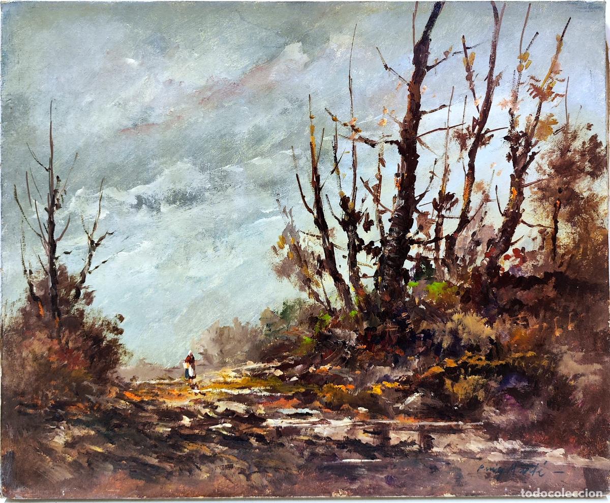 Arte: Oleo de Antoni Puig Marti. Paisaje con figura caminando. 46x38 cm