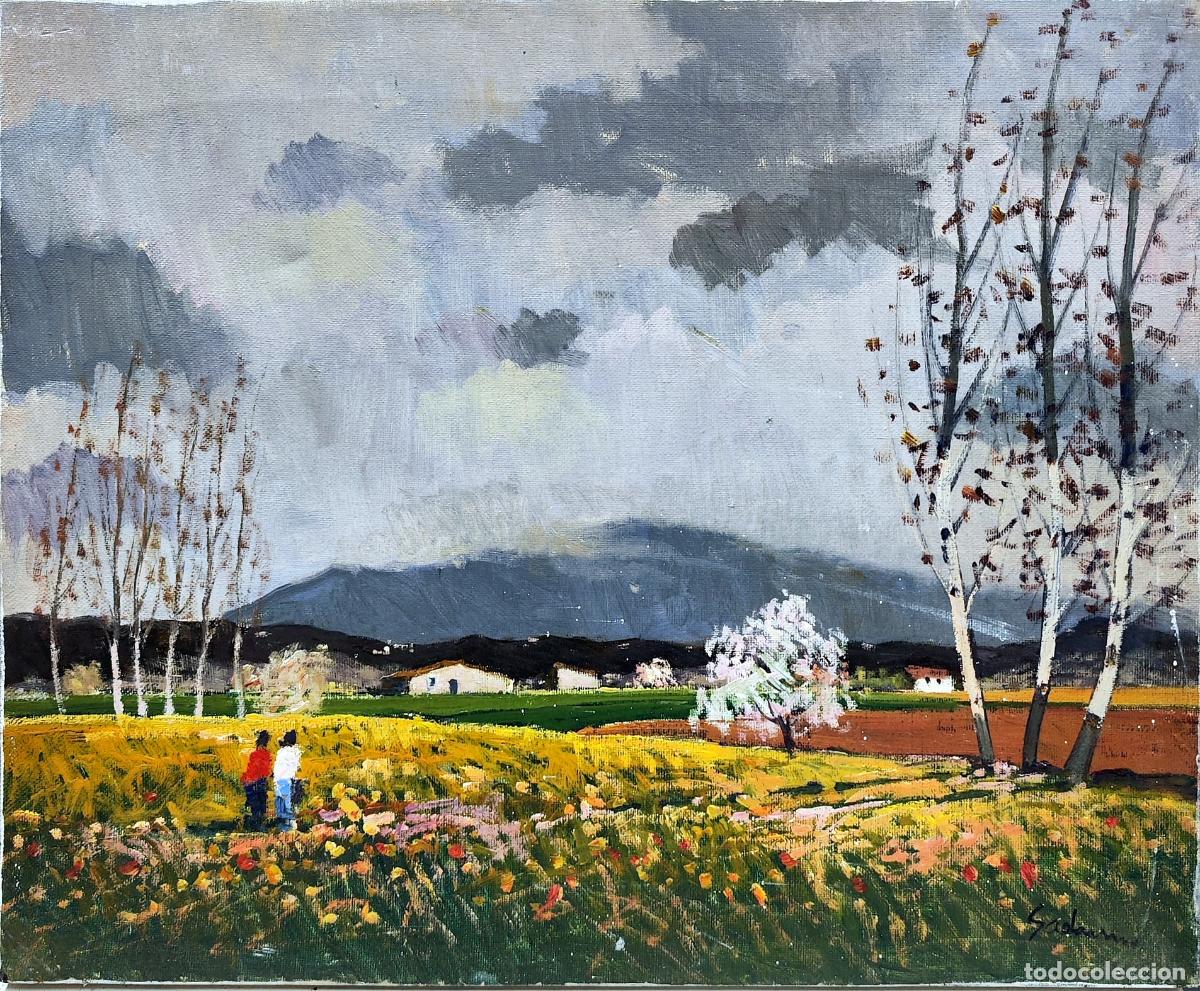 Arte: &Oacute;leo de paisaje con figuras. Antoni Mar&iacute;a Sadurni. 46 x 38 cm