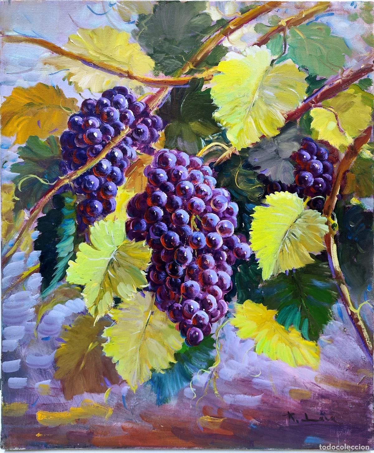 Arte: &Oacute;leo sobre lienzo de Rafael Lara. Naturaleza muerta con uvas. 38x46 cm