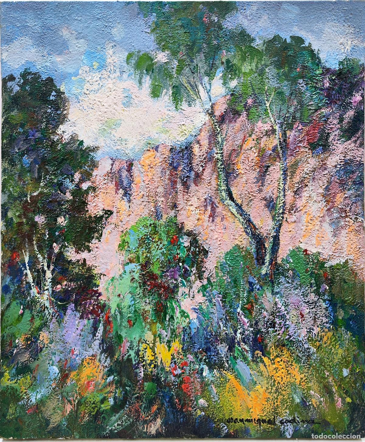 Arte: &Oacute;leo de Miguel Codina. Paisaje con &aacute;rboles y flores. 38 x 46 cm