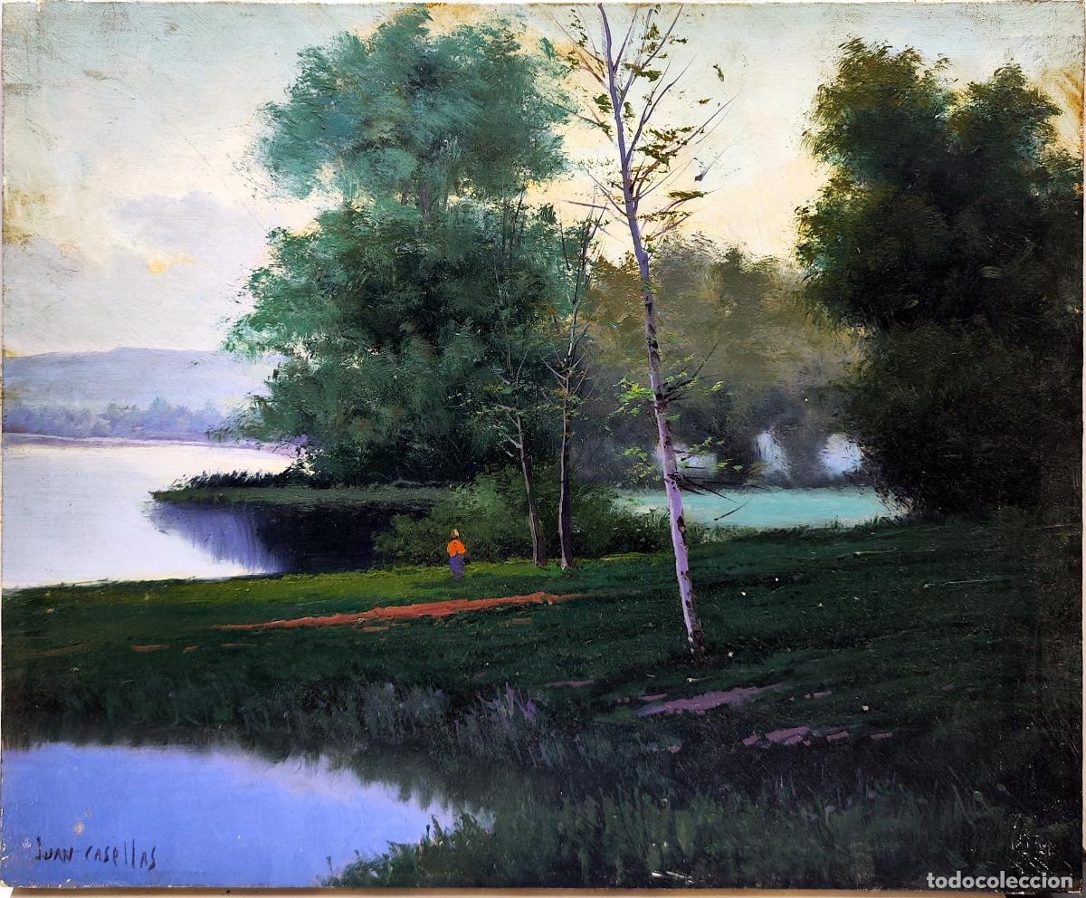 Arte: &Oacute;leo de paisaje fluvial de Juan Casellas. 46 x 38 cm
