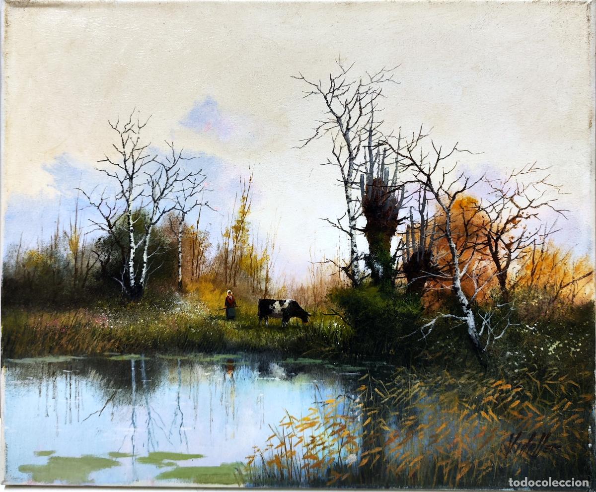 Arte: &Oacute;leo de Francesc Vidaller. Paisaje con r&iacute;o y vacas. 46x38 cm