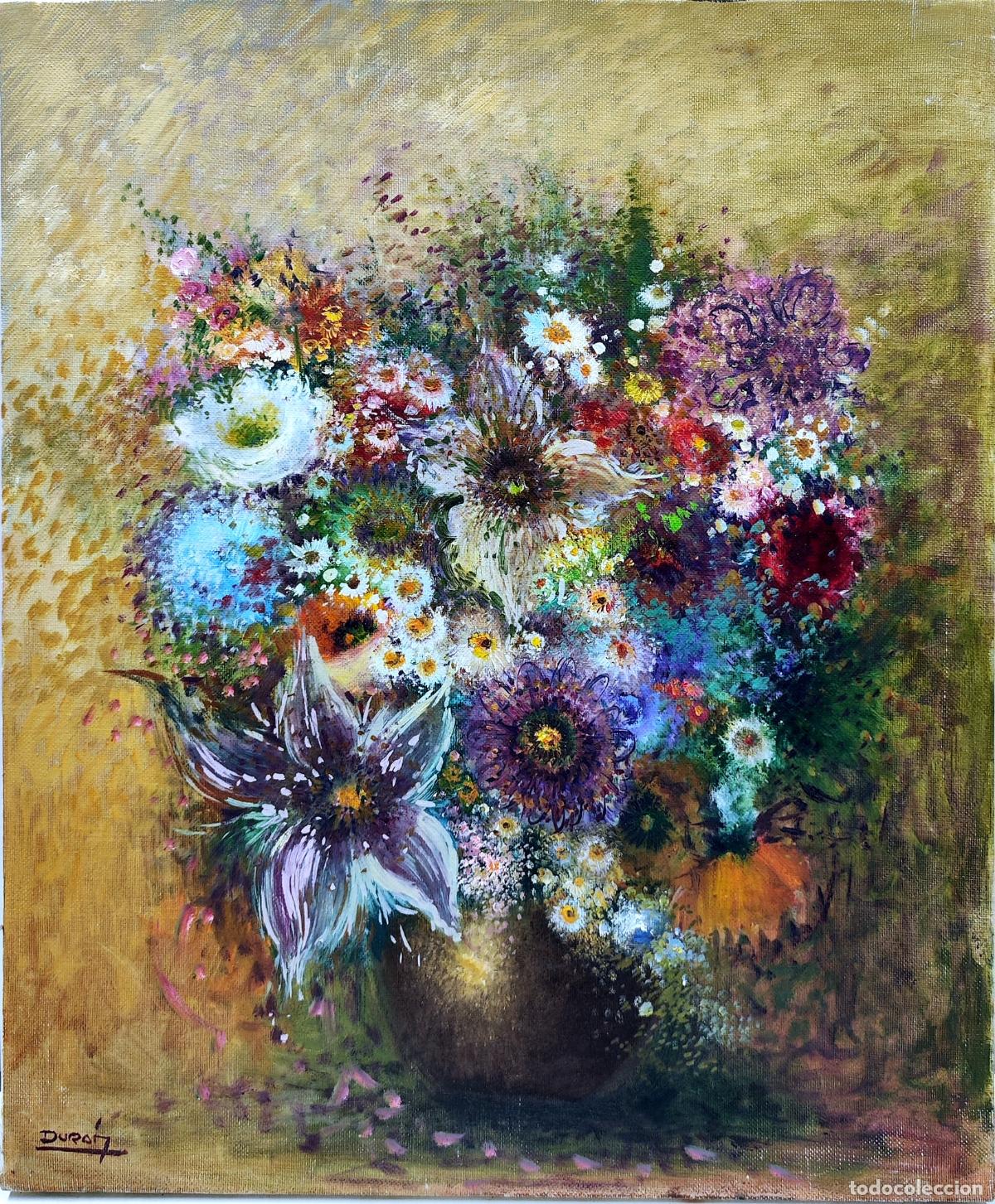 Arte: &Oacute;leo de Dur&aacute;n. Naturaleza muerta con ramo de flores. 38 x 46 cm