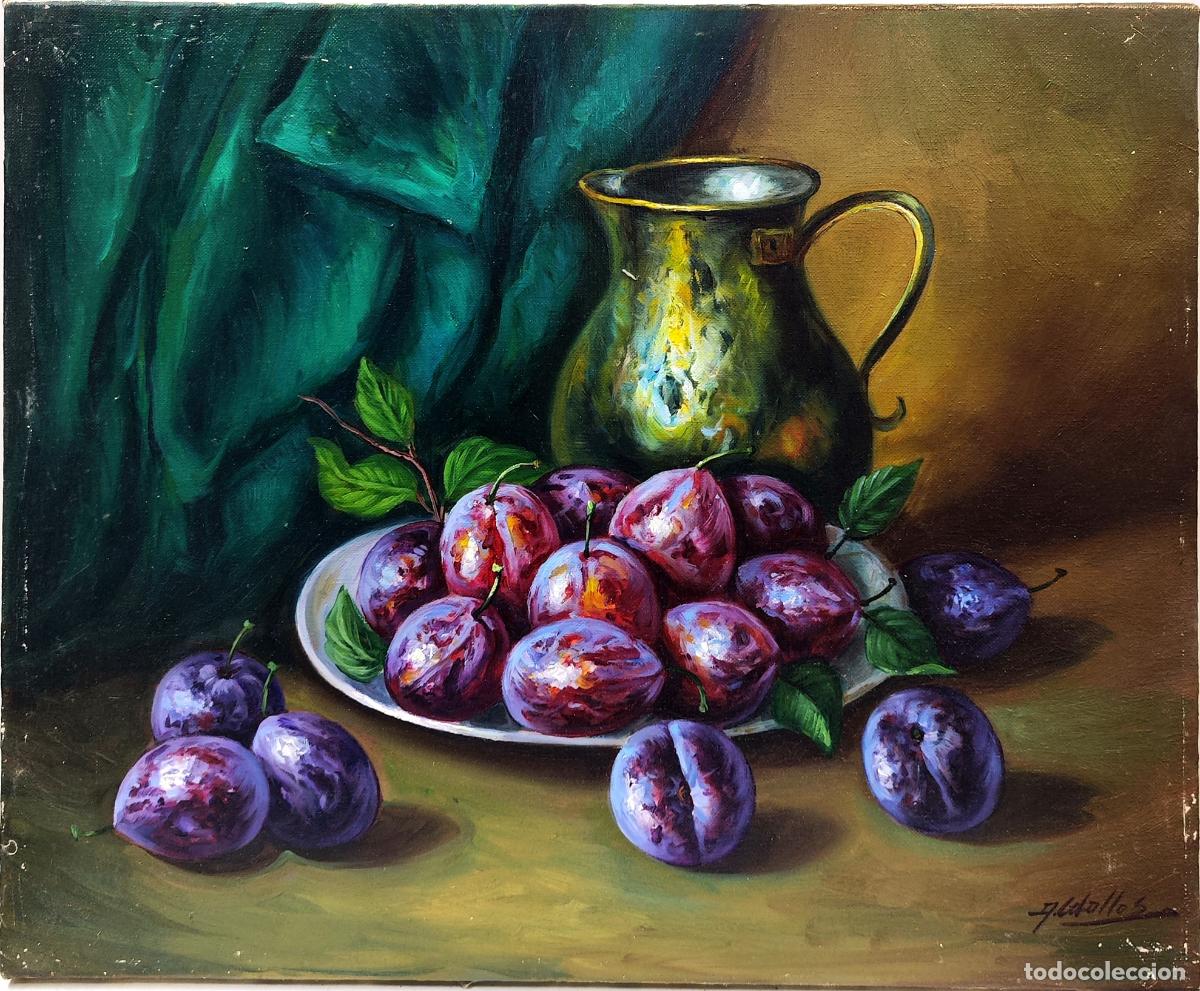 Arte: &Oacute;leo de Anselmo Ceballos. Naturaleza muerta con ciruelas y jarra. 46x38 cm