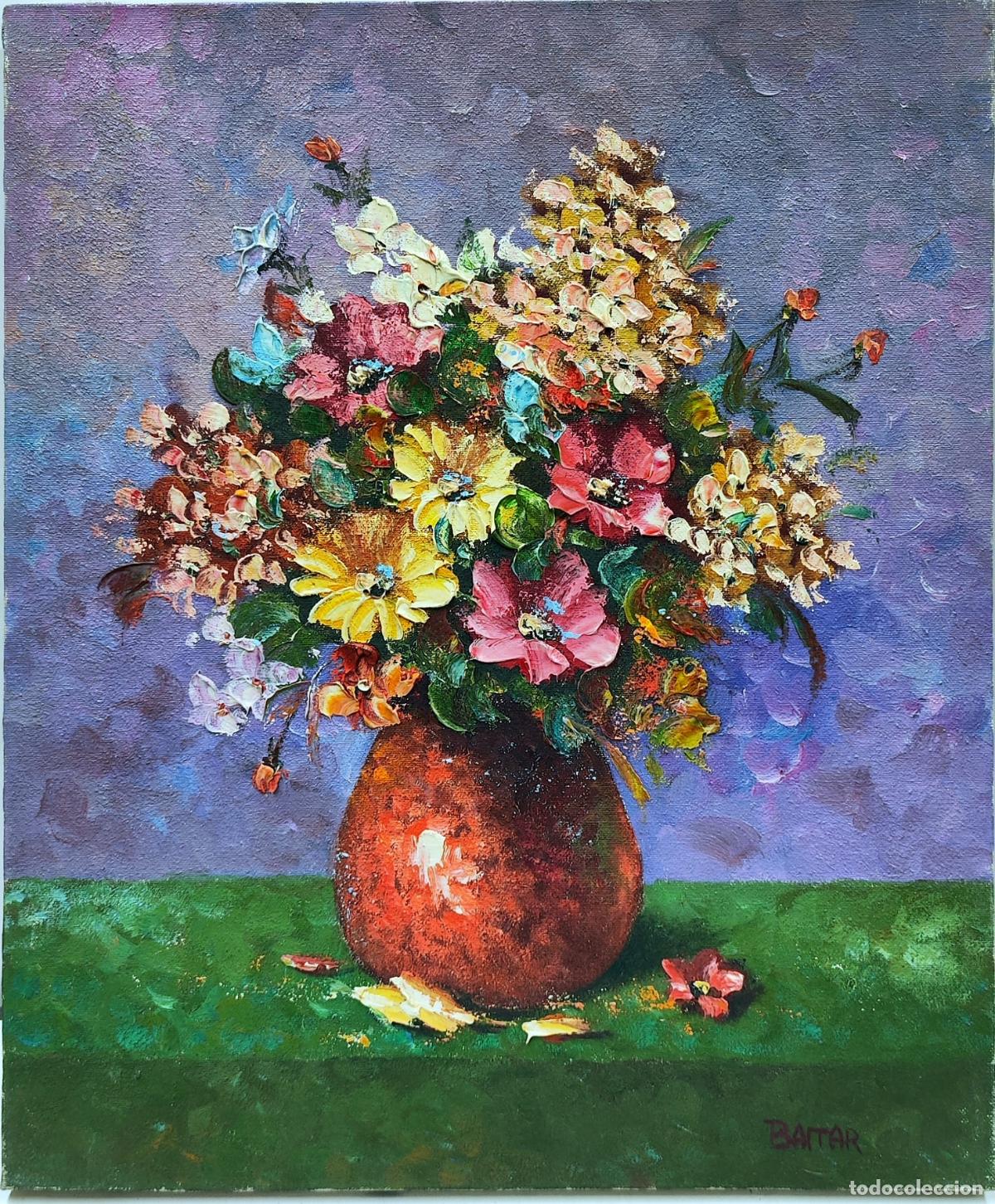 Arte: &Oacute;leo. Bodeg&oacute;n de flores en jarr&oacute;n. Firmado Baitar. 38 x 46 cm