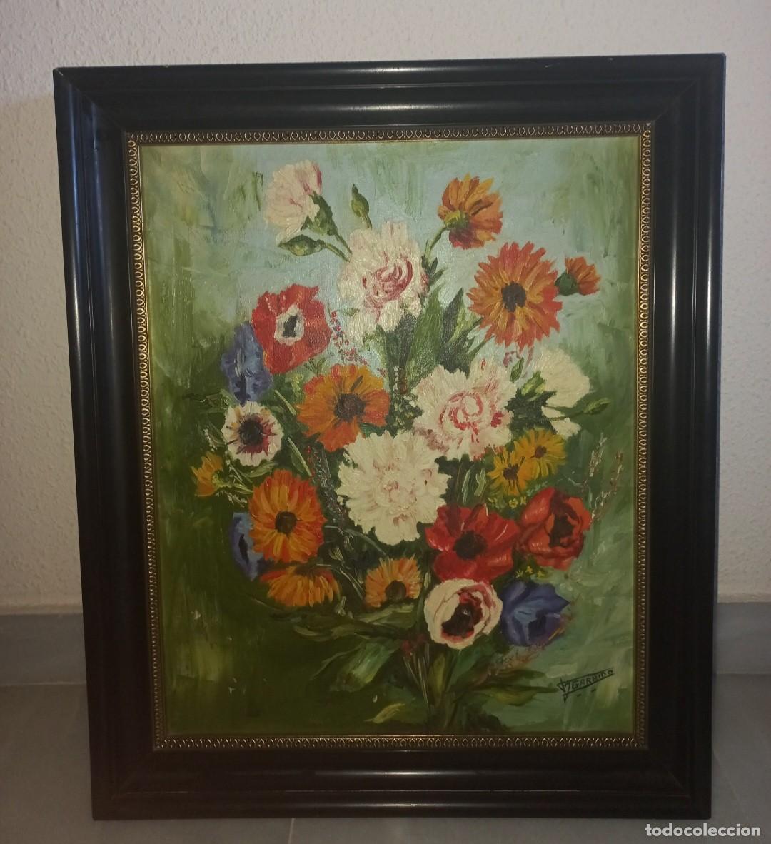 Arte: &Oacute;leo sobre lienzo - Bodeg&oacute;n Floral - Firmado V. Garrido - Enmarcado - S. XX