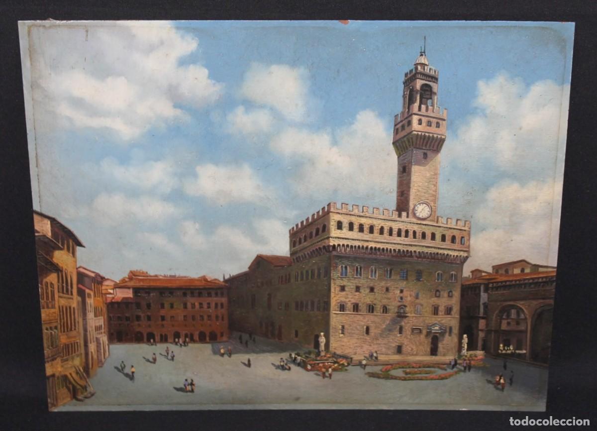 Arte: Vista del Palazzo Vecchio y Piazza della Signoria de Florencia. &Oacute;leo sobre cobre