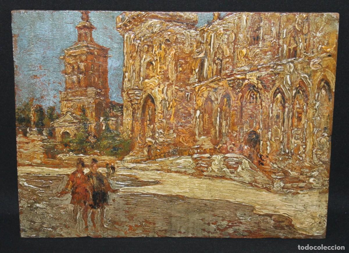 Arte: Antigua pintura de catedral g&oacute;tica con figuras. &Oacute;leo sobre tabla. An&oacute;nimo