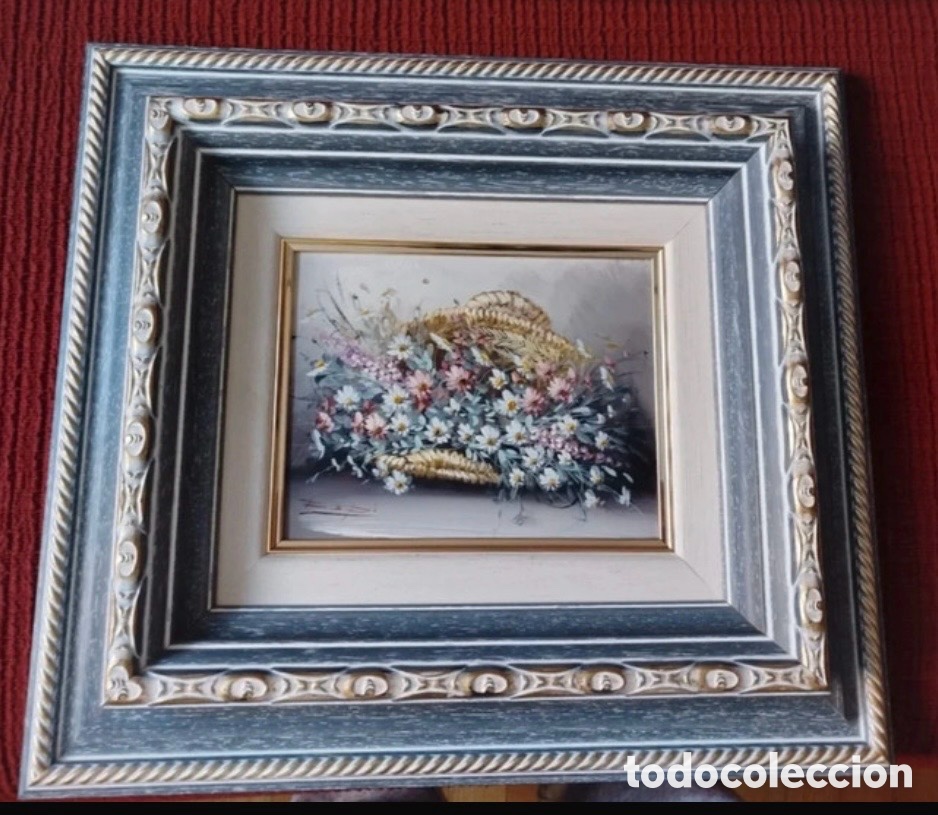Arte: &Oacute;leo original firmado ESP&Iacute; - Bodeg&oacute;n cesta de flores silvestres con marco de gran lujo (50x45 cm)
